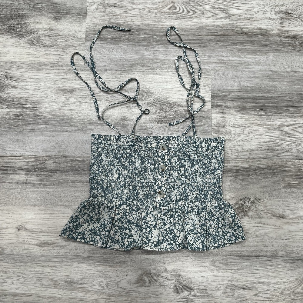Floral Smocked Cami Top Button Front Tie Strap Green White Cottagecore Sz‎ XS